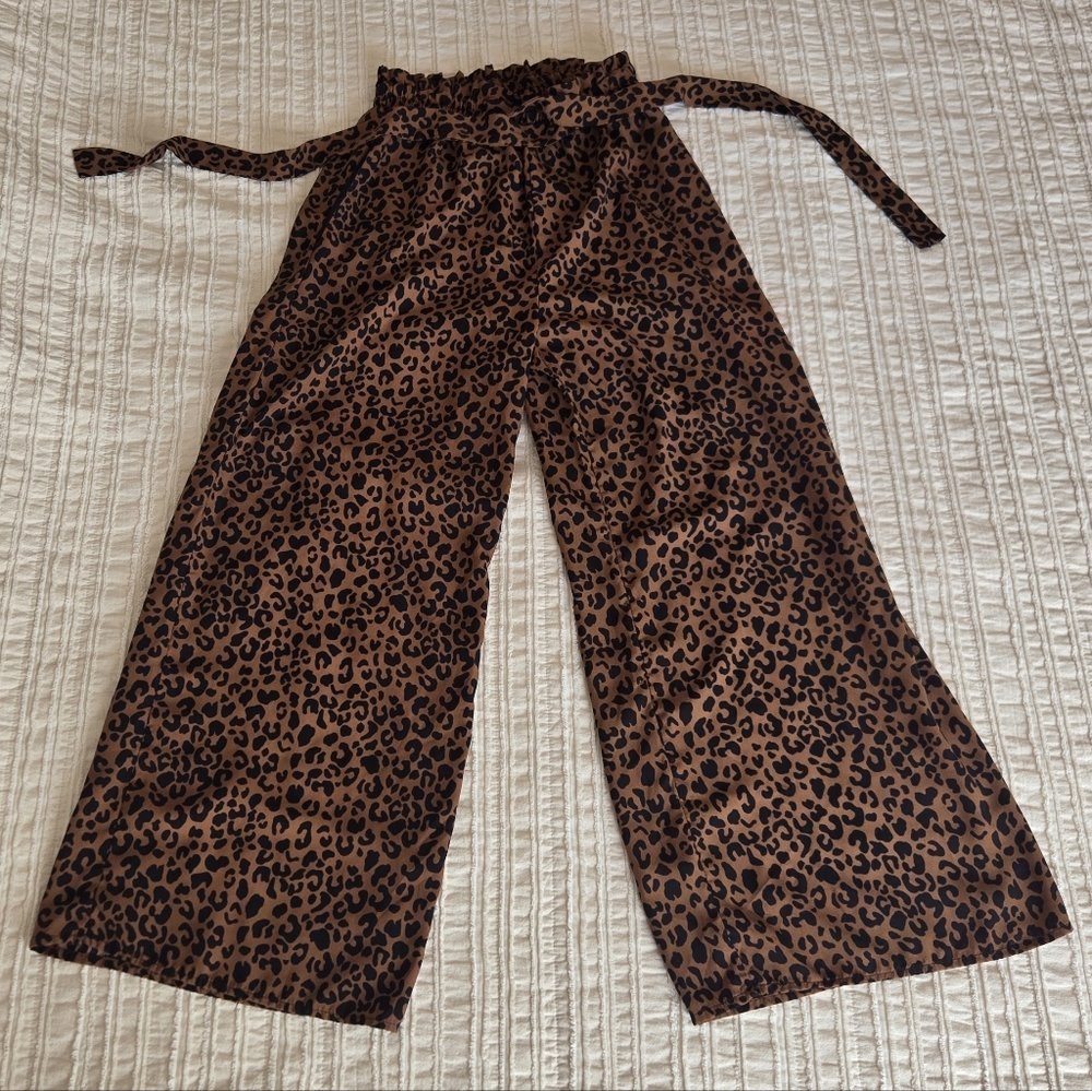 Cheetah Print Wide Leg Palazzo Pants Tie Waist Pockets Size Small - Picture 4 of 14